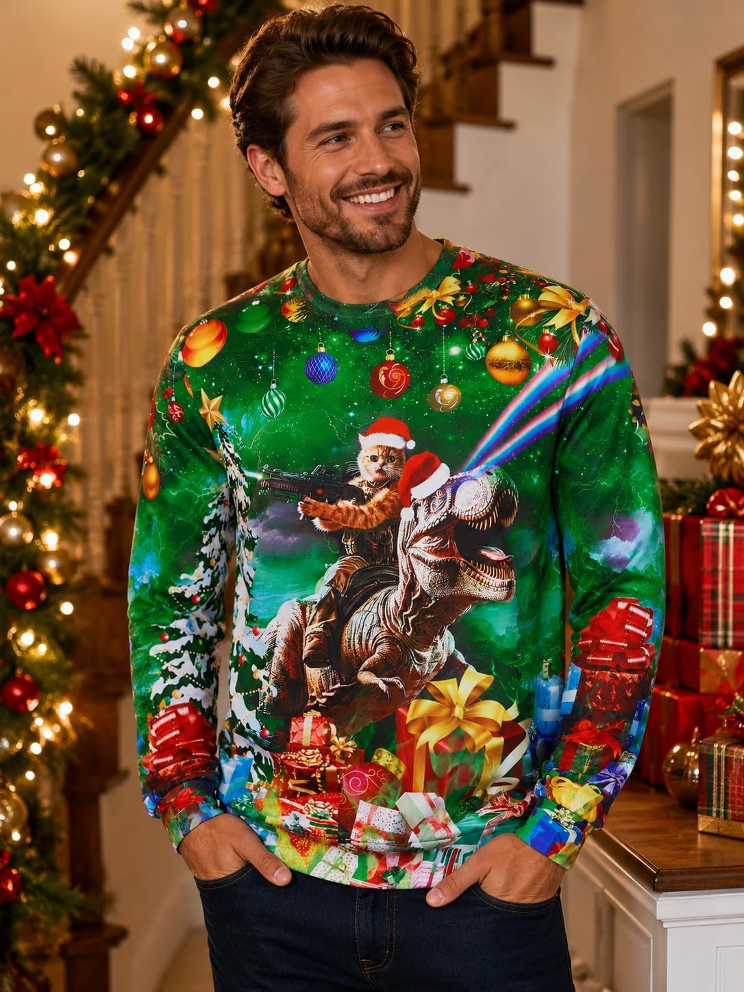 Laser Cat T-Rex Christmas Sweatshirt, view 2