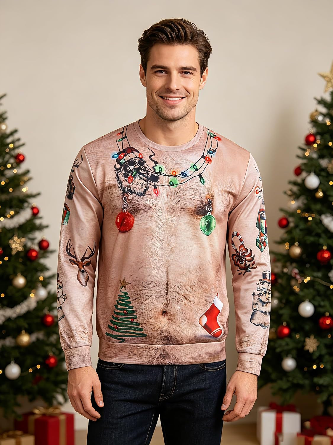 Hairy Chest Ornaments Christmas Sweatshirt, view 2