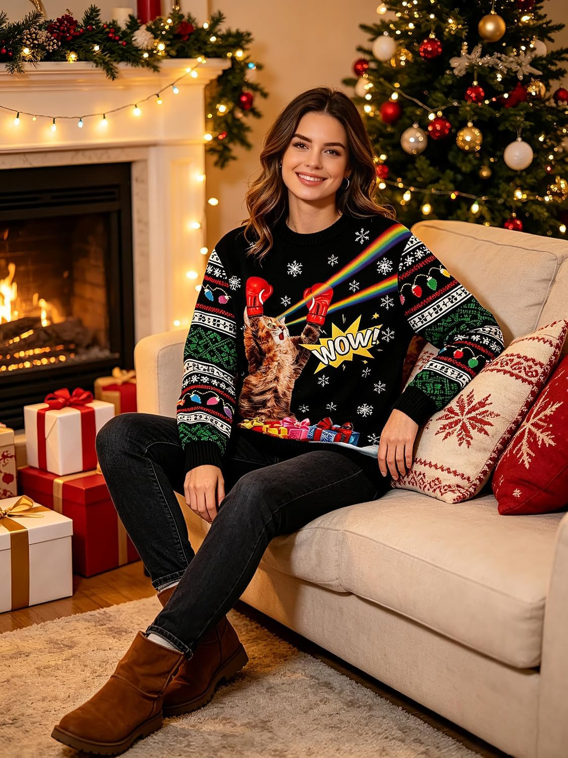 Boxing Cat Ugly Christmas Sweatshirt, view 4