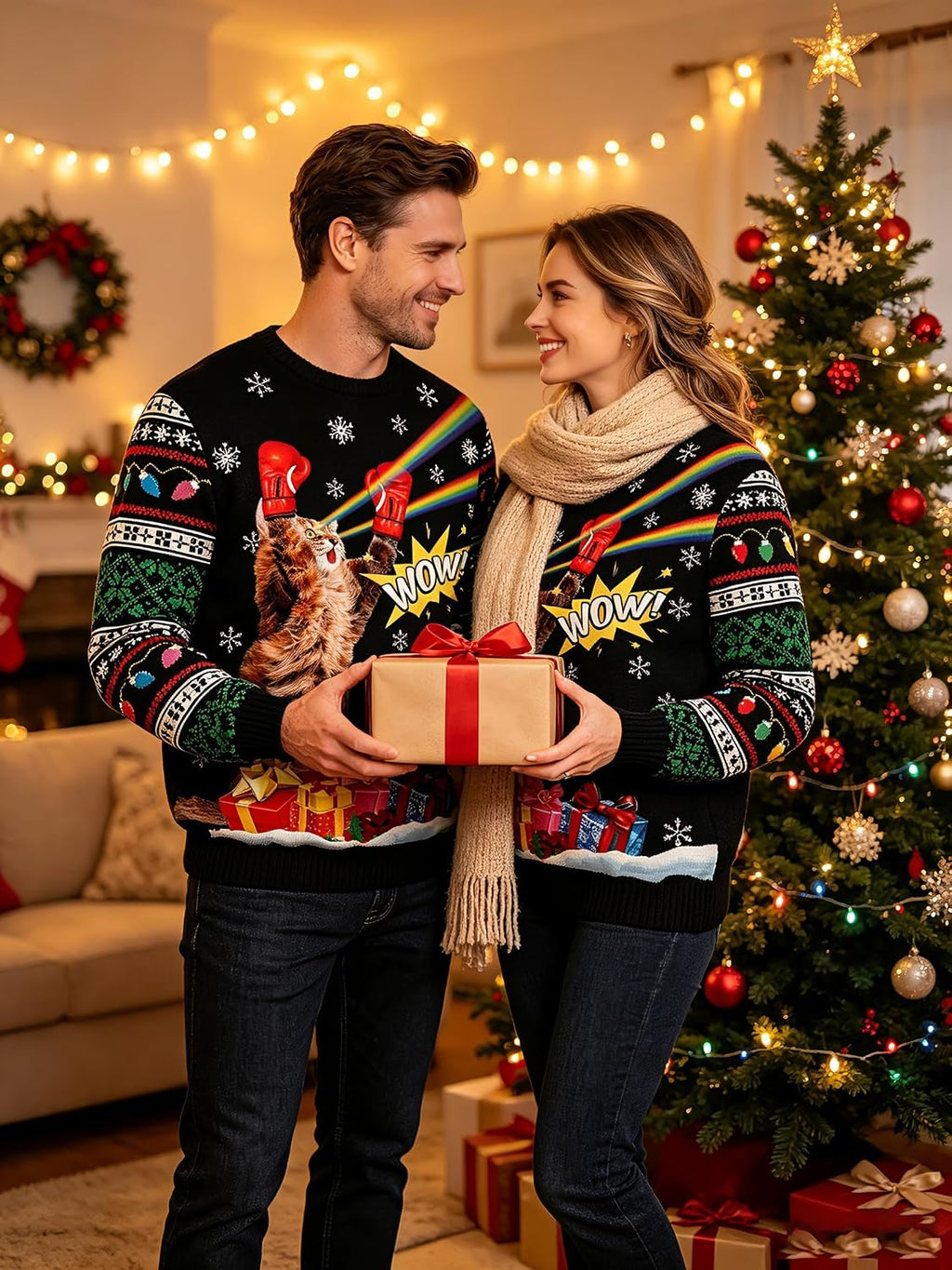 Boxing Cat Ugly Christmas Sweatshirt, view 2