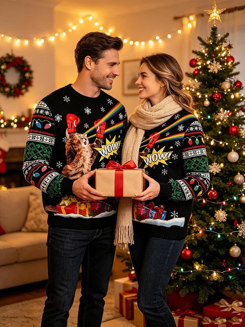 Boxing Cat Ugly Christmas Sweatshirt, view 2